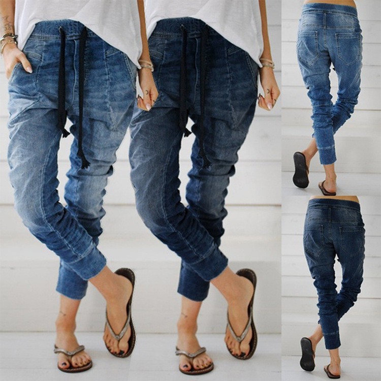 women's drawstring denim pants