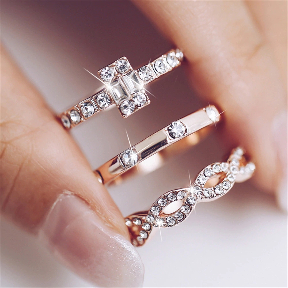 3pcs/set Fashion Diamond Ring Set Women Crystal Twist Rings Engagement
