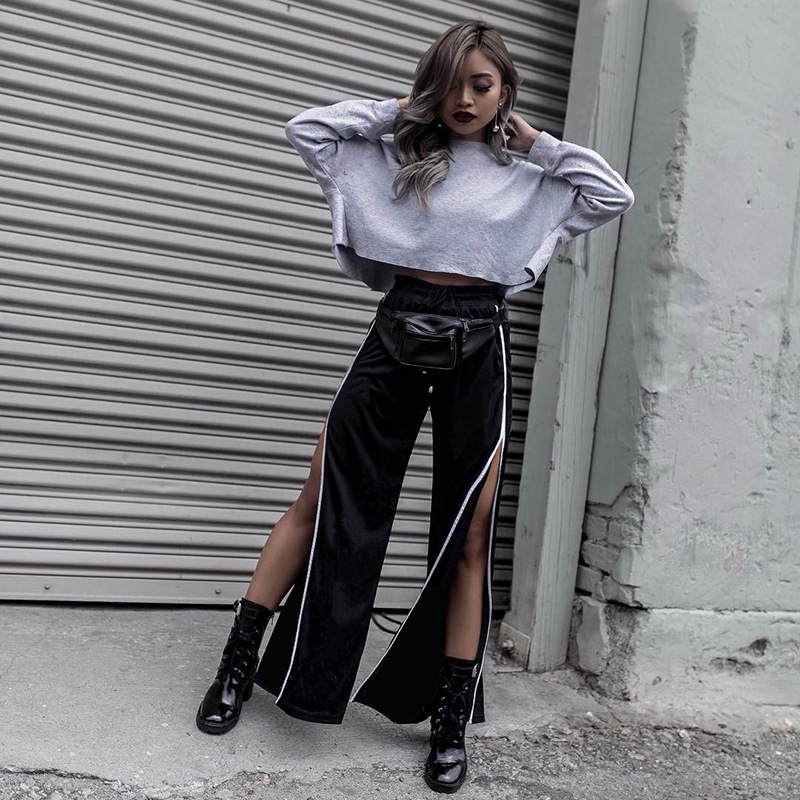 black wide leg pants with slits