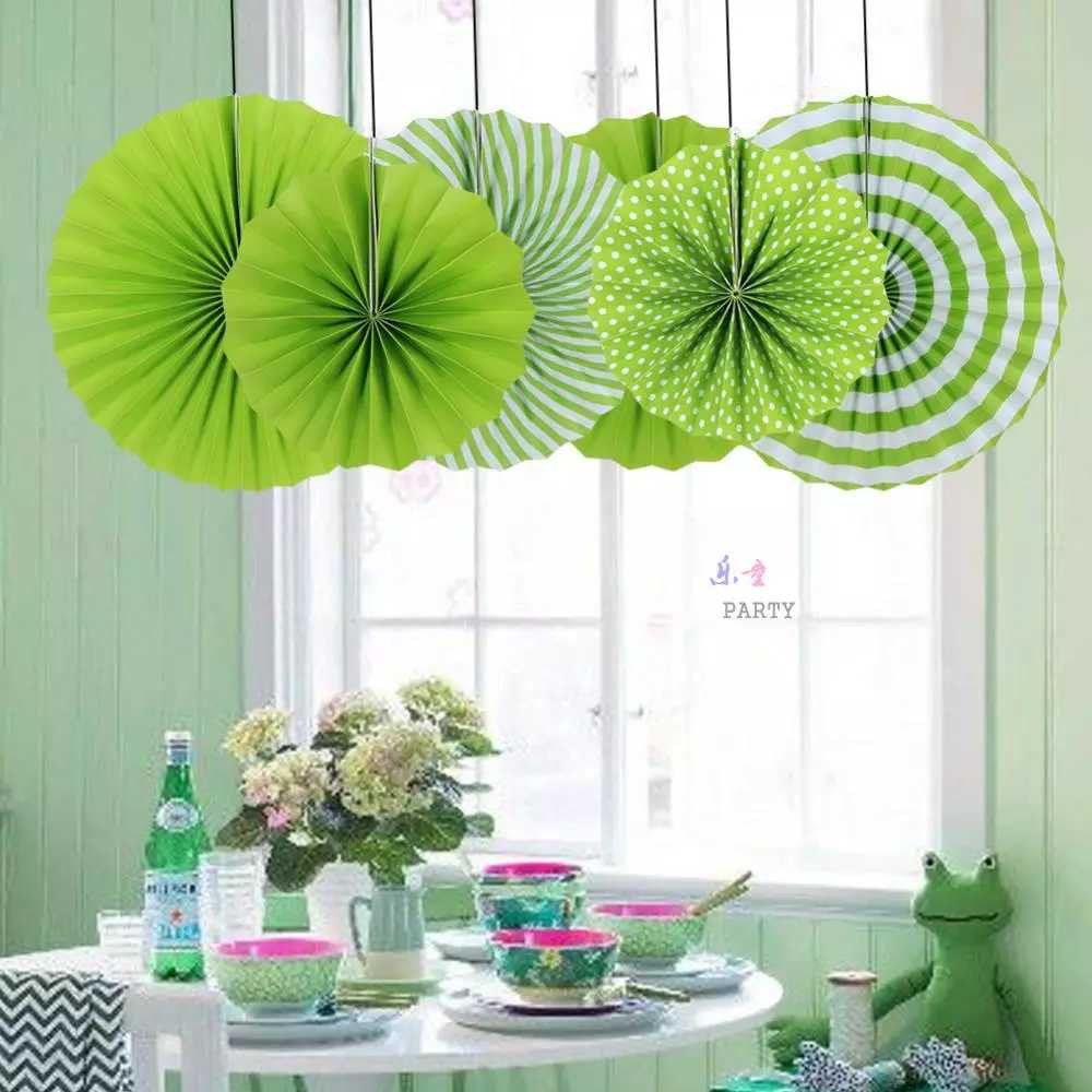 6 In 1 Green Colour Paper Fan Flower Decoration Set Birthday