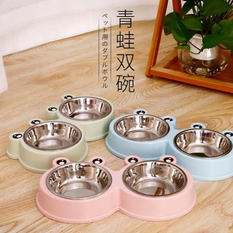 Frog Design Dog Stainless Bowl 2 in 1 Double Diners Dog Cat Feeder Water Food Double Bowls