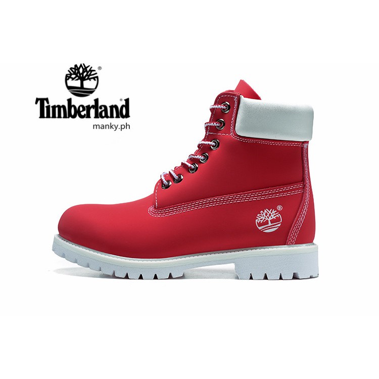 red and white timberland boots