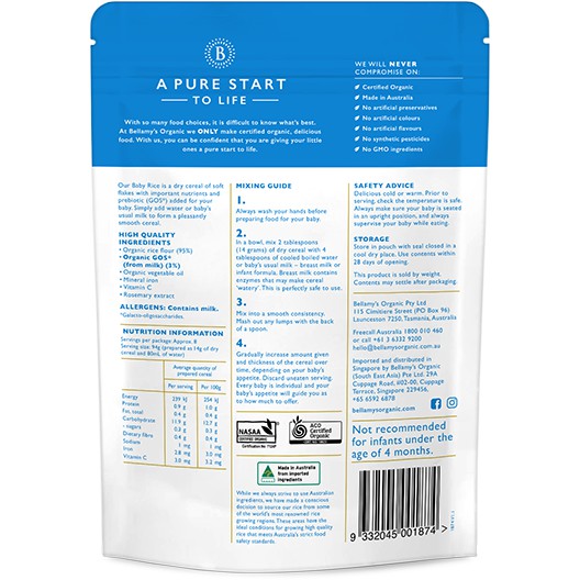 bellamy's organic baby rice with prebiotic