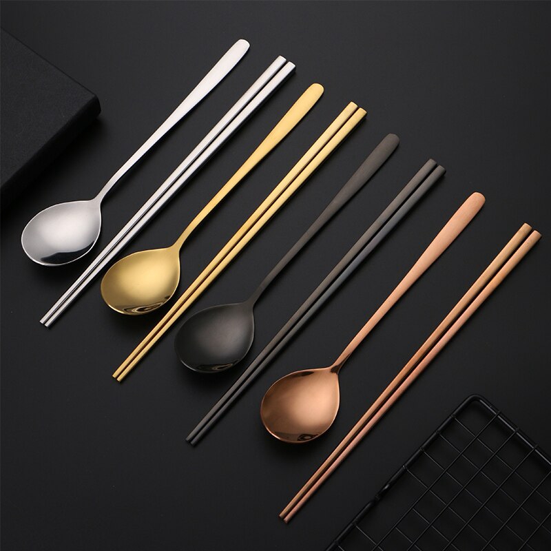 18/10 Korean Stainless Steel Food Chopsticks Spoon Set Long Handle Nonslip Chopsticks Dessert
