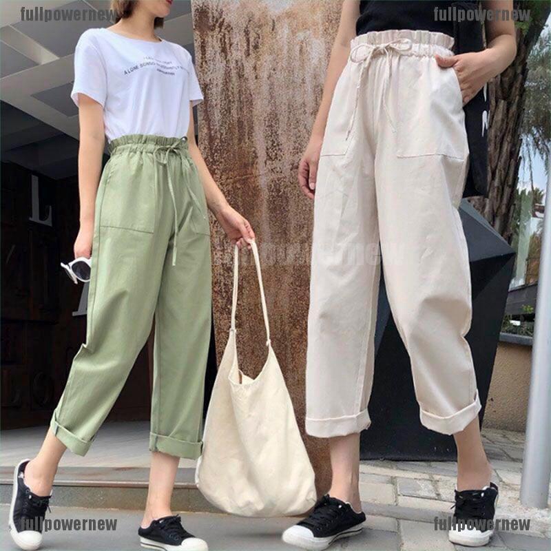 FPN Women Cotton Elastic Waist Loose Wide Leg Pants Long Trousers ...