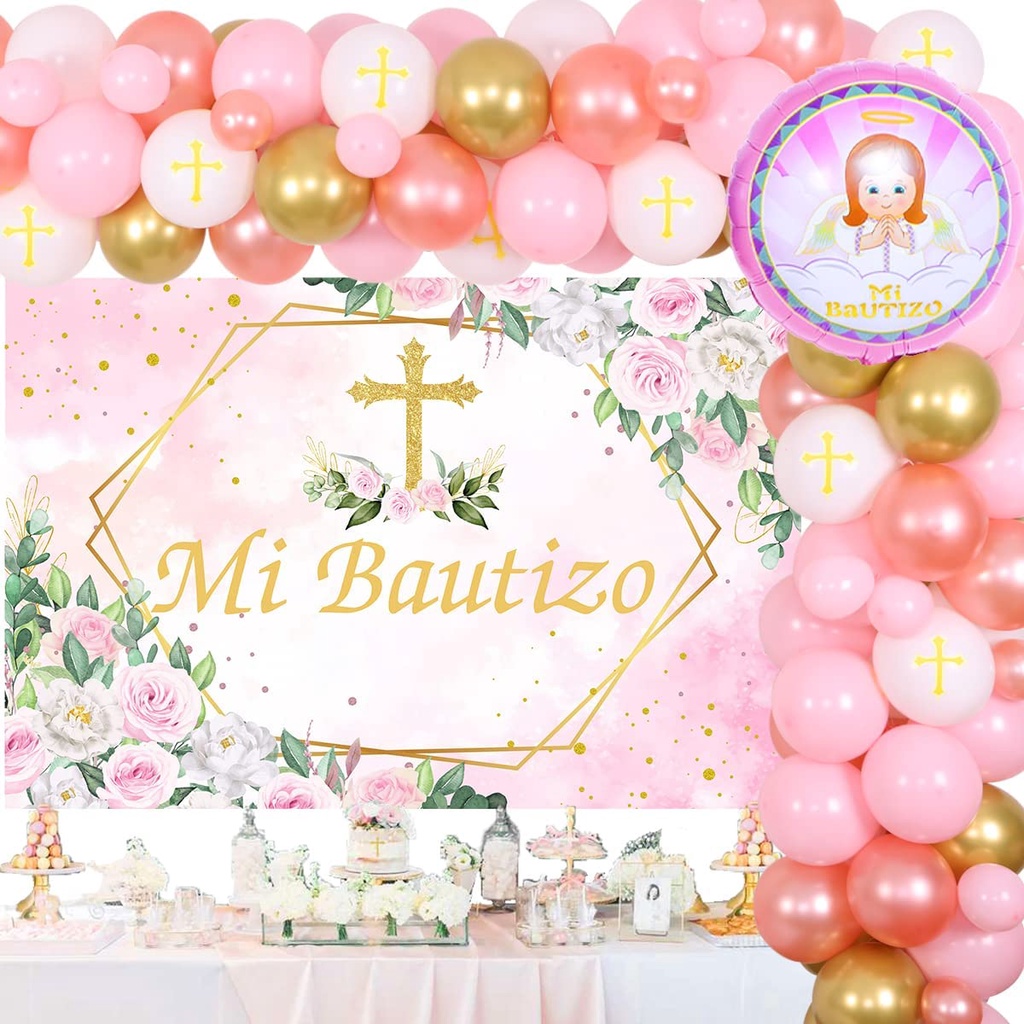 CHEEREVEAL Mi Bautizo Party Decoration Pink White Balloon Garland Kit