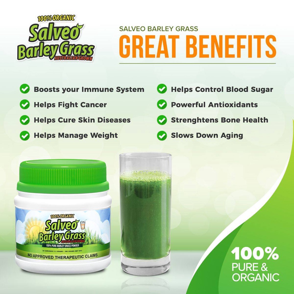 Salveo Organic Barley Grass Juice Powder, 180grams (100% Pure & Organic) Certified Organic, NASAA