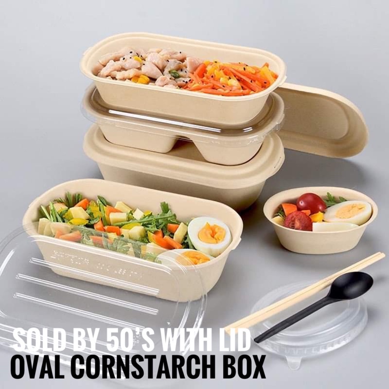 50pcs Oval Sugarcane Bagasse Biodegradable Box container with PET lid