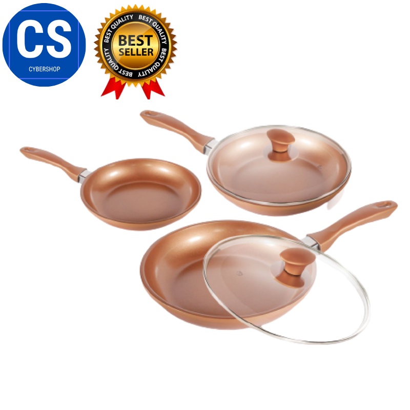 AUTHENTIC 5PCS MIGAS Copper Ceramic Non Sticky Frying Pans Cookware Set (Set of 3 with 2 Glass