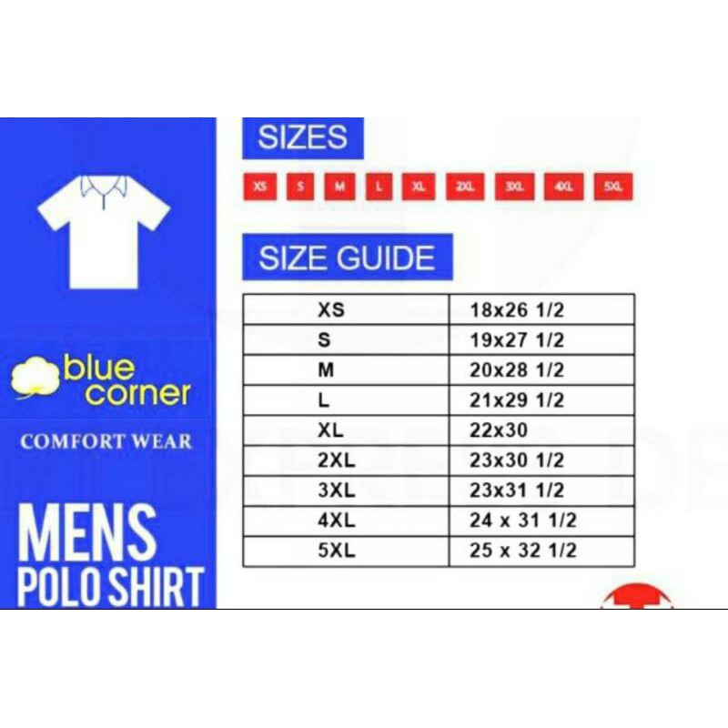 Blue Corner Tshirt Size Chart