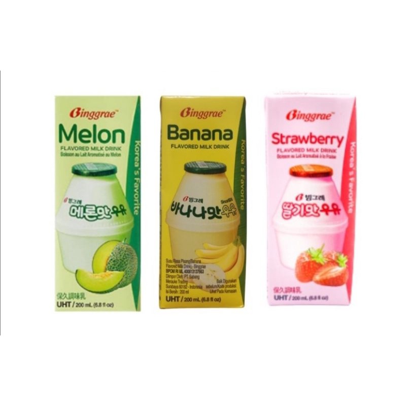 BINGGRAE Korea Banana/Strawberry/Melon Flavored Milk 200ml | Shopee ...