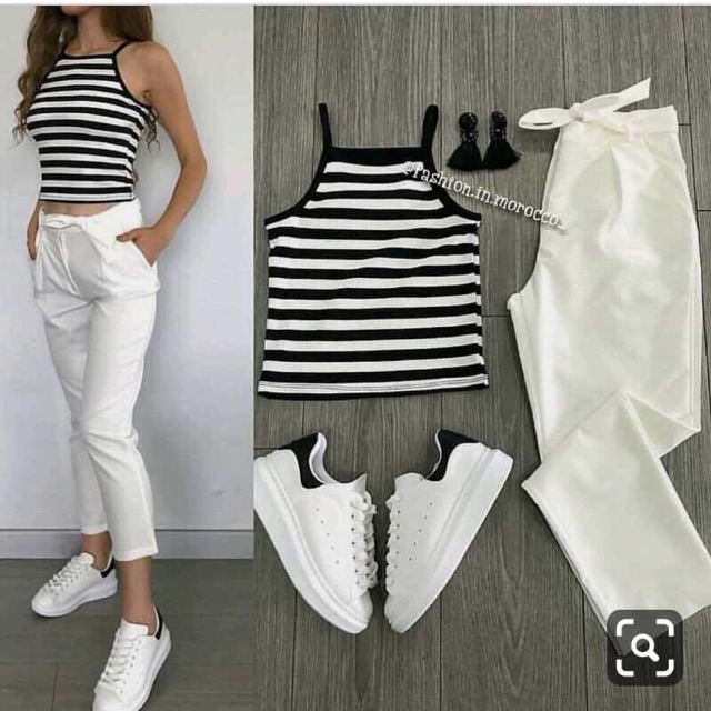 striped white pants outfit
