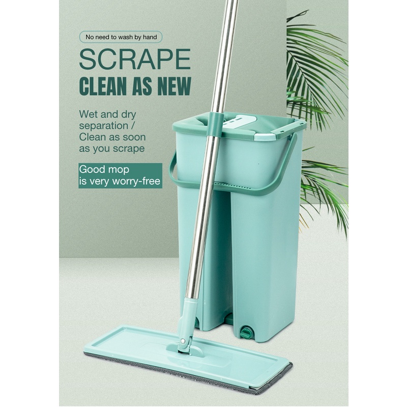 Floor cleaning flat mop with bucket microfiber pad mop squeegee hand free self cleaning mop