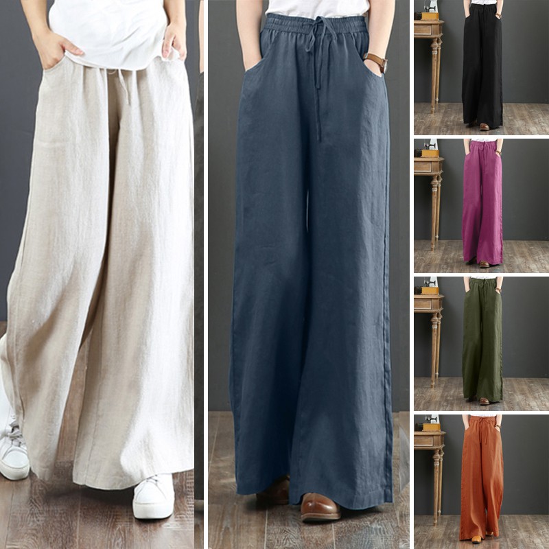 ZANZEA Women Casual Wide Legs Elastic Belted Solid Color Long Pants ...