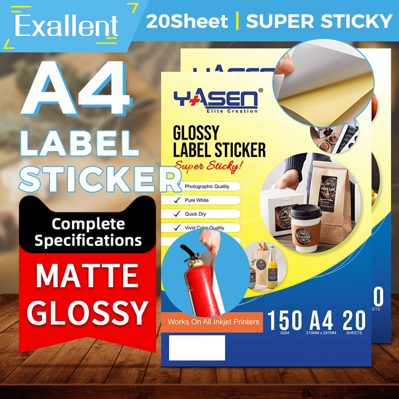 Yasen Glossy&Matte Label Sticker Paper A4 Printable 150gsm 20Sheets