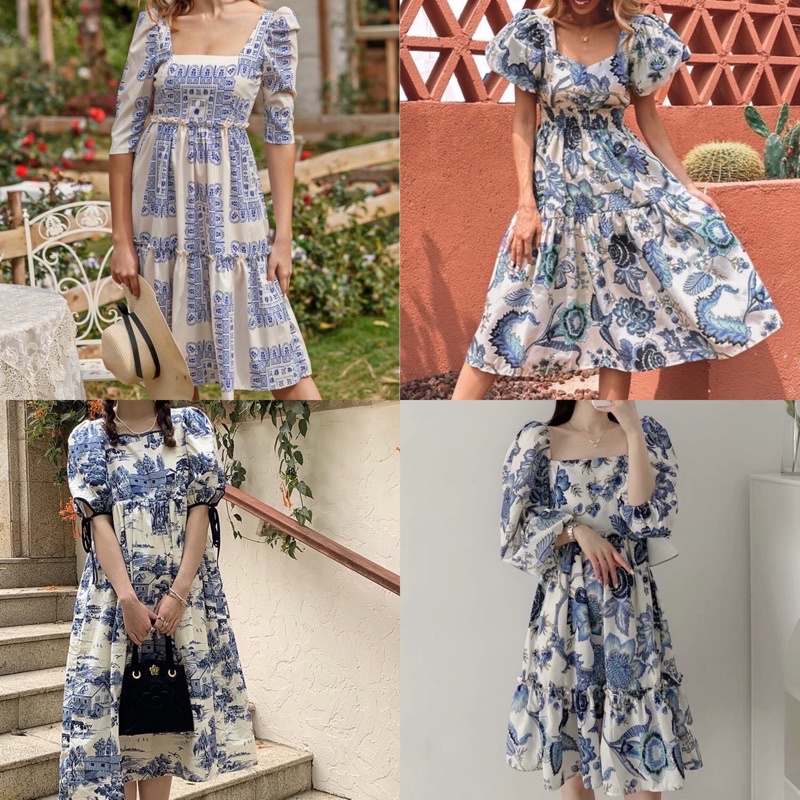 Vintage blue boho coachella floral puff sleeves elegant classy casual  summer beach babydoll dress | Shopee Philippines