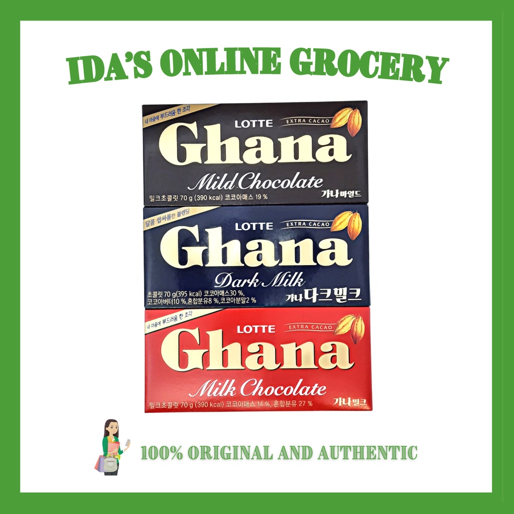 Product of Korea Lotte Ghana Milk / MIld / Dark Milk Chocolate 70g