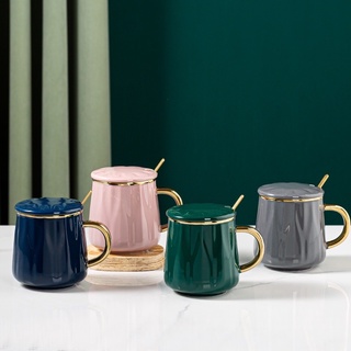 Luxury ceramic coffee mug with lid and spoon cup elegant gold rim tableware Coffee mug #3