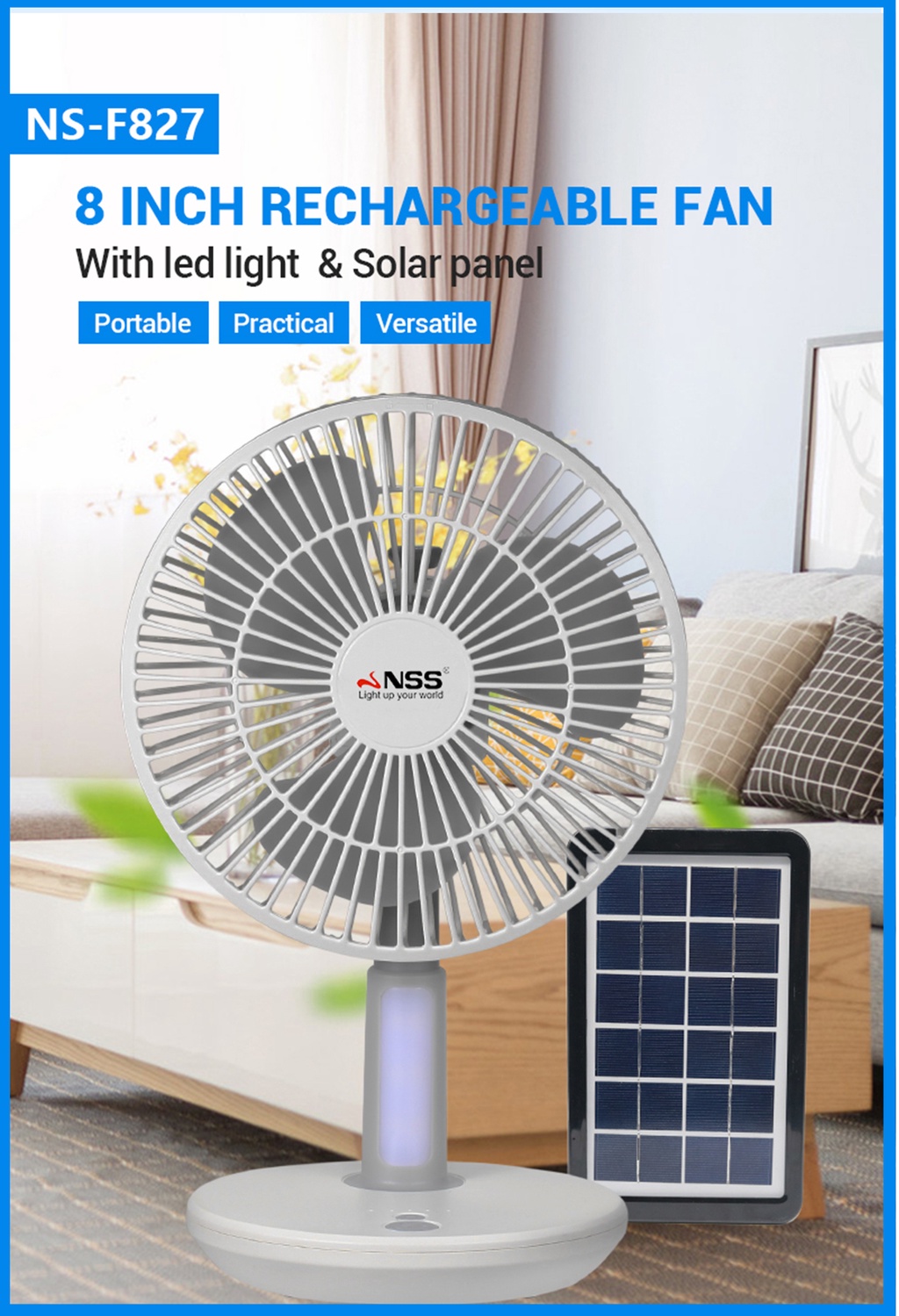 NSS Solar fan 8 inch Desk Electric Fan Small folding fan with USB