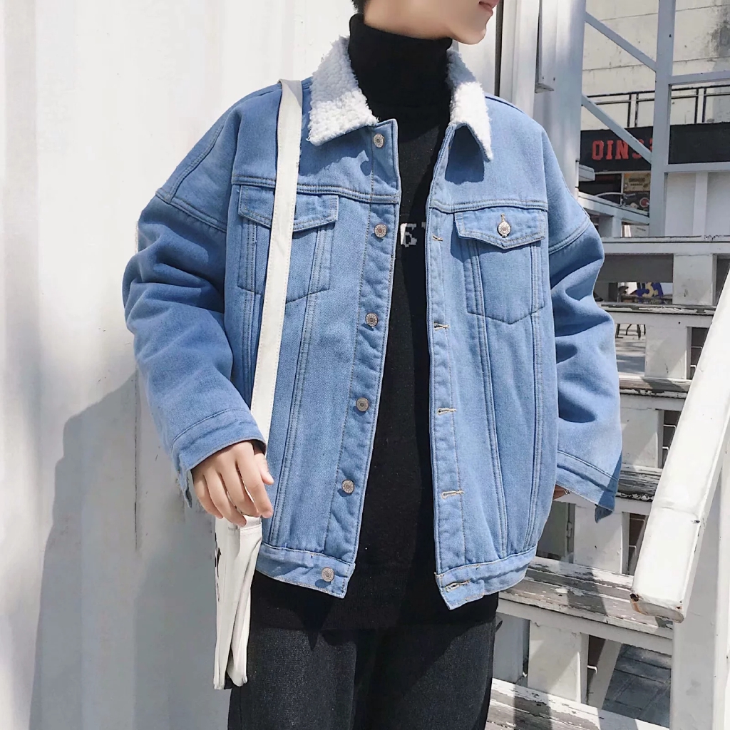 denim jacket with wool sleeves