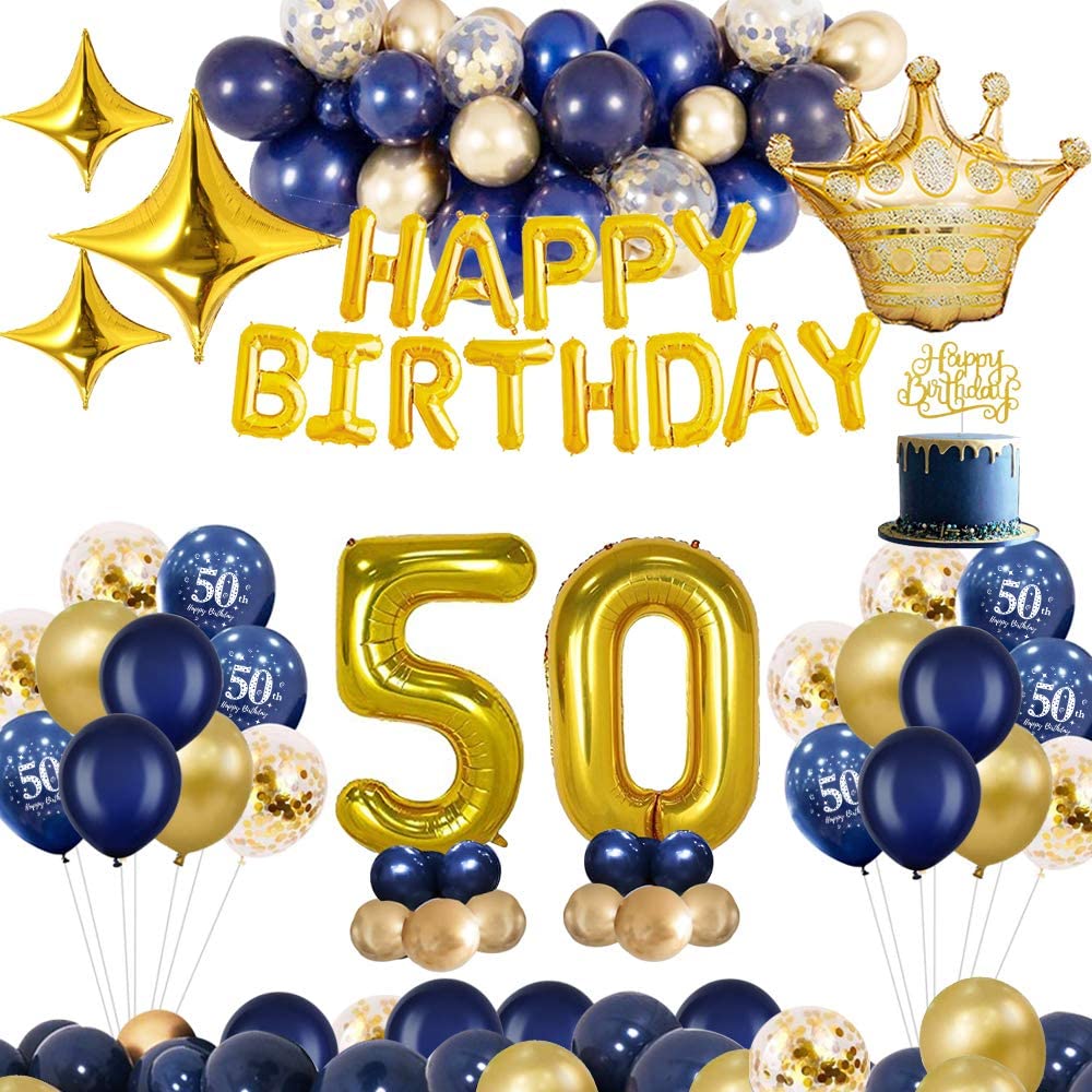 Mmtx 50th Birthday Decorations Blue Gold Party Decoration Cake Topper Happy Birthday Banner Foil Balloons For Men Women Anniversary Shopee Philippines