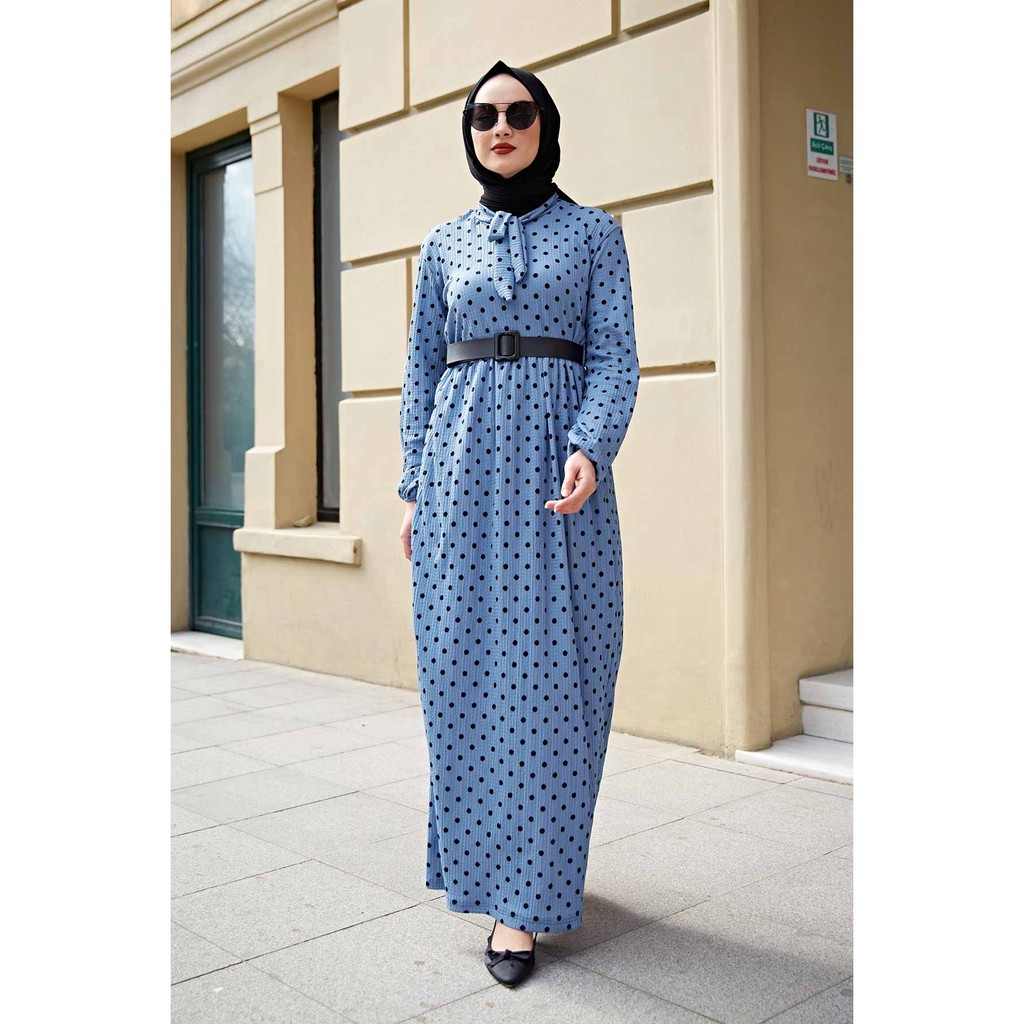 Tie Polka Ramadan Kaftan Dubai Abaya Turkey Muslim Women Hijab Dress