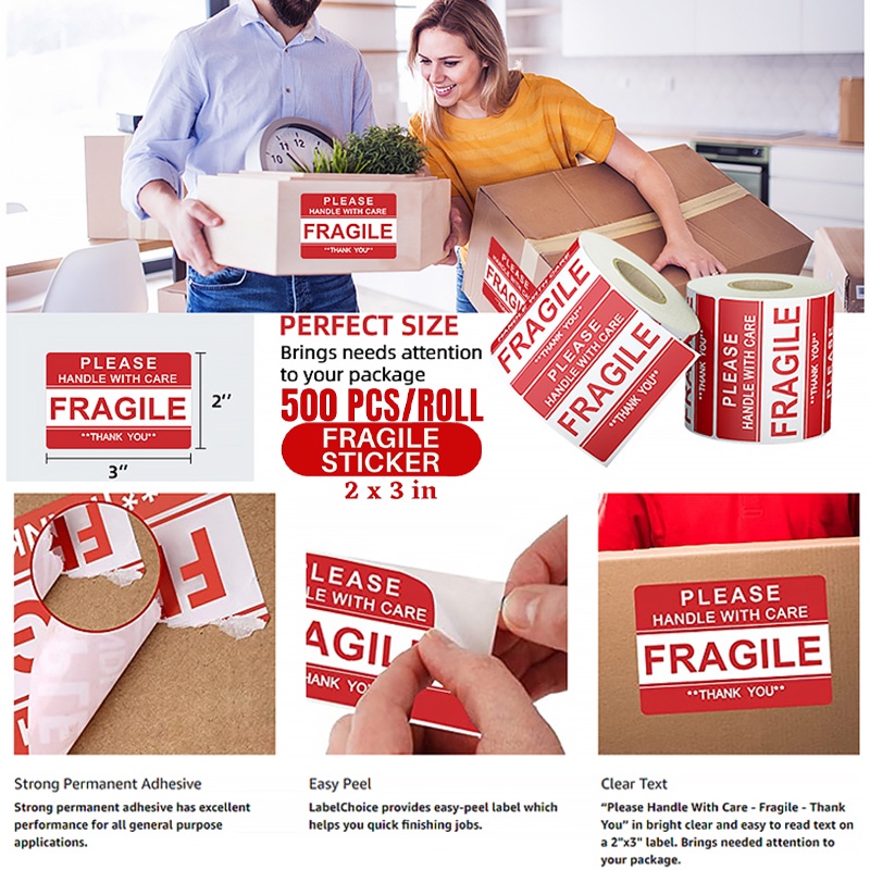 500pcs Fragile Stickers Warning Label for Parcels and Boxes Handle with Care Stickers 2" x 3
