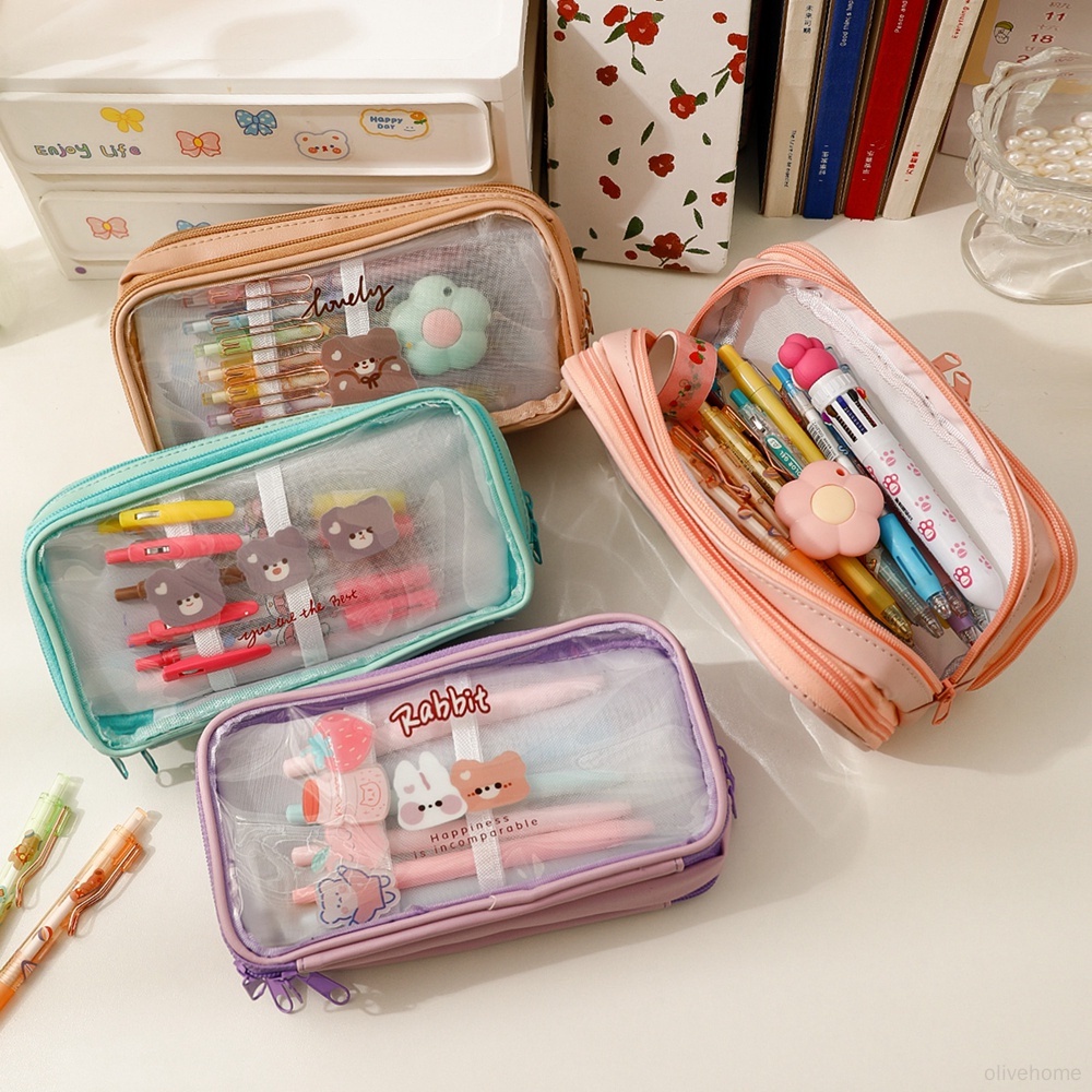 Cute Pencil Bag Transparent PVC Student Cartoon Pencil Case Large ...