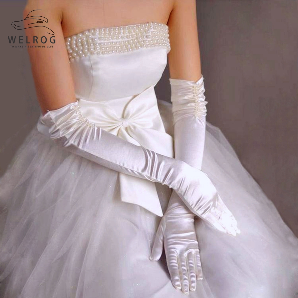 long ivory satin gloves