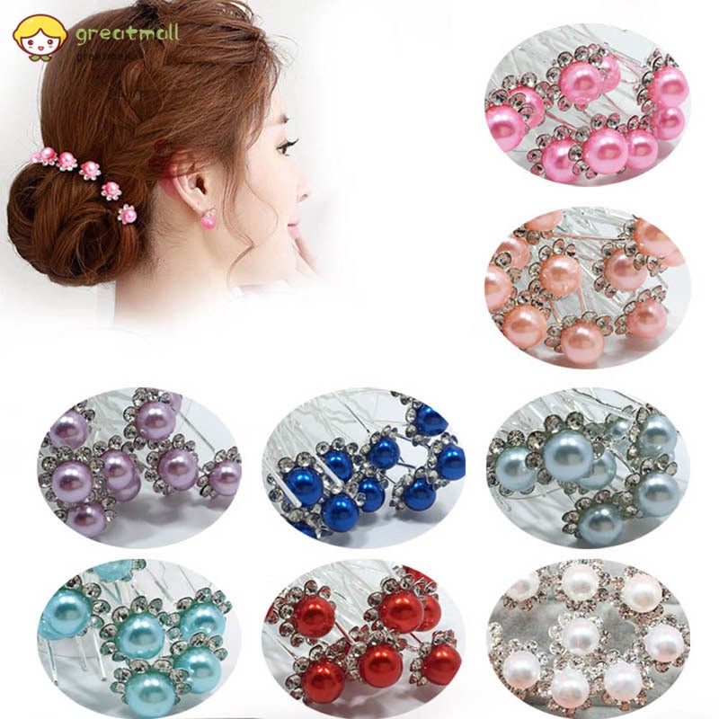 10pcs Set Bride Hair Pins Beads Rhinestone Wedding Bridal Fl
