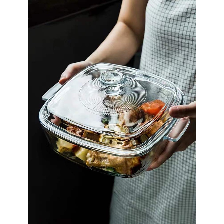 Heat Resistant Tempered Square Glass Casserole Dishes baking bowl soup pot with lid with handle