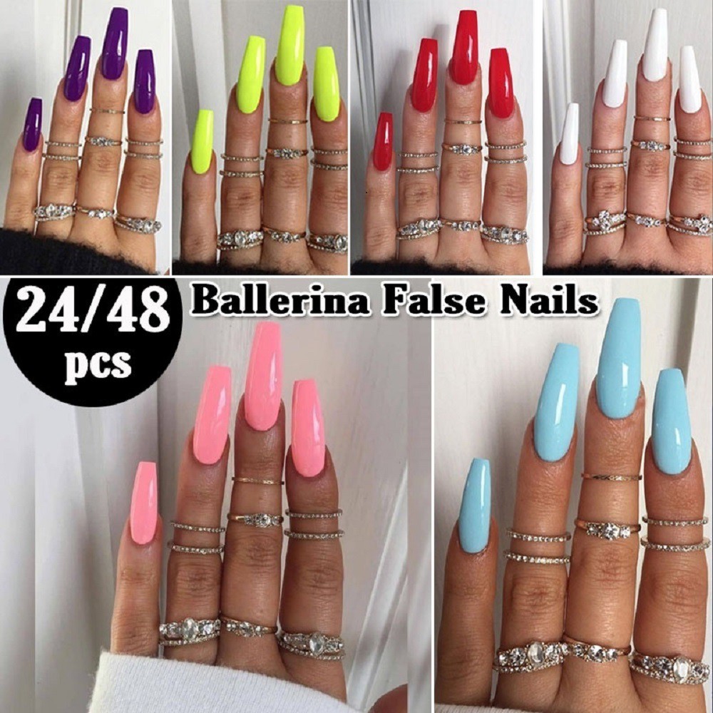 Cod 24pcs Set Ballerina Nails False Nails Long Section Solid Color Diy Nail Art Shopee Philippines