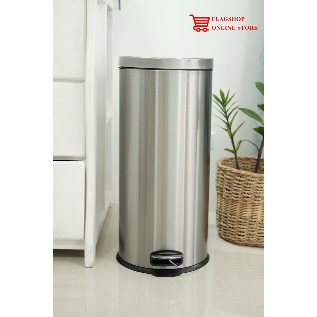 30L Stainless Round Pedal Trash Bin Foot Pedal Waste Can with Plastic