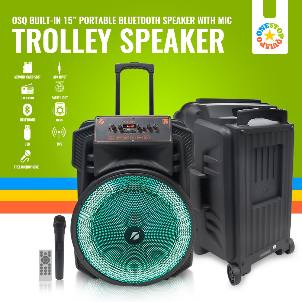 OSQ 15 inch Super Bass Trolley Karaoke Bluetooth Party Light TWS