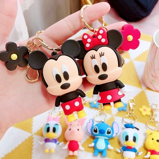 7pcs/Lot  Dolls PVC Mickey Mouse Figures Keychains Cute Cartoon Minnie Stitch Key Ring