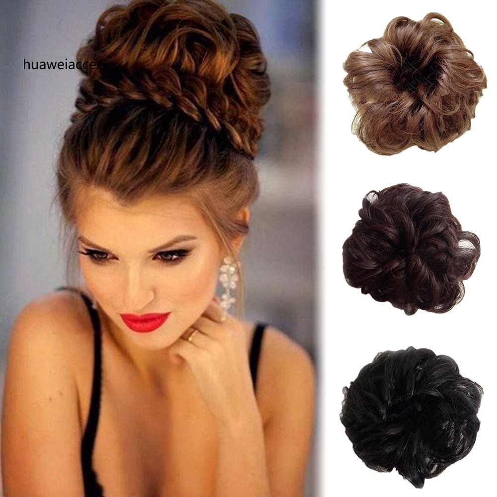 Hua Women Hairs Bun Extension Wavy Curly Messy Chignons Wig