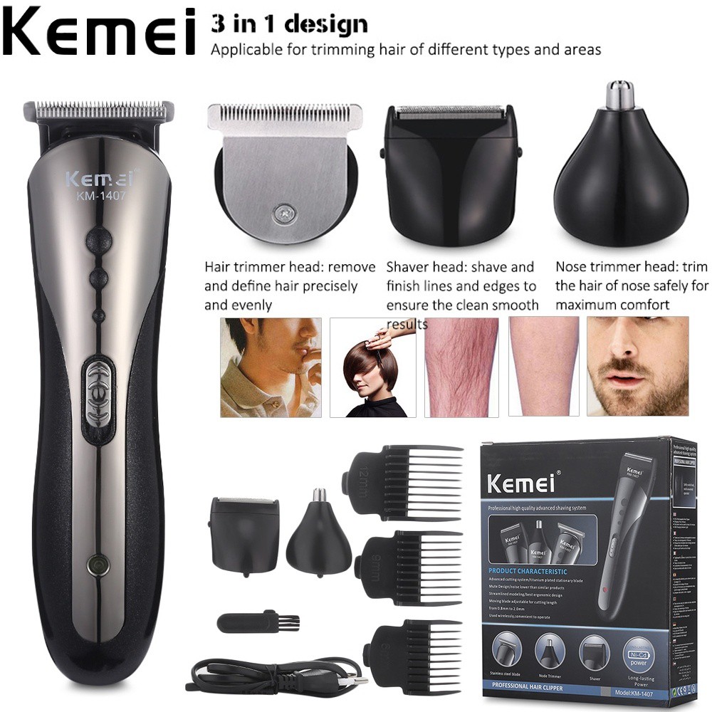 Kemei 3 In 1 Electric Hair Clipper Nose Trimmer Beard Shaver