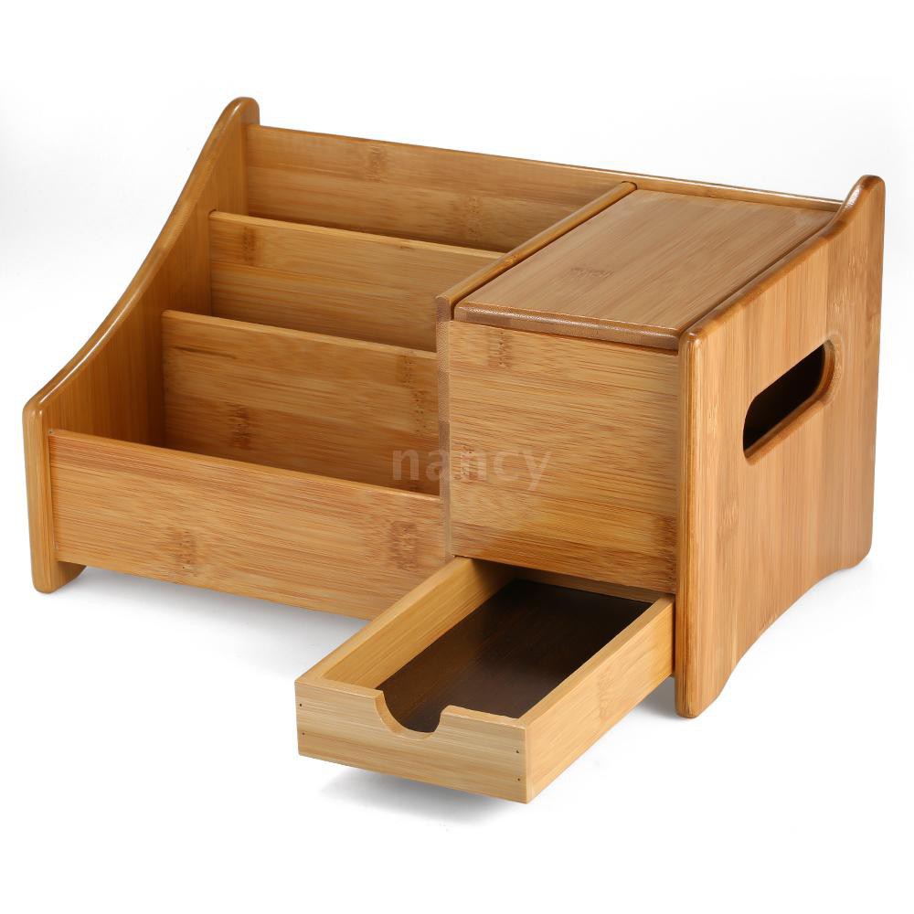 Natural Bamboo Desk Organizer With 3 Compartments 1 Drawer 1 C