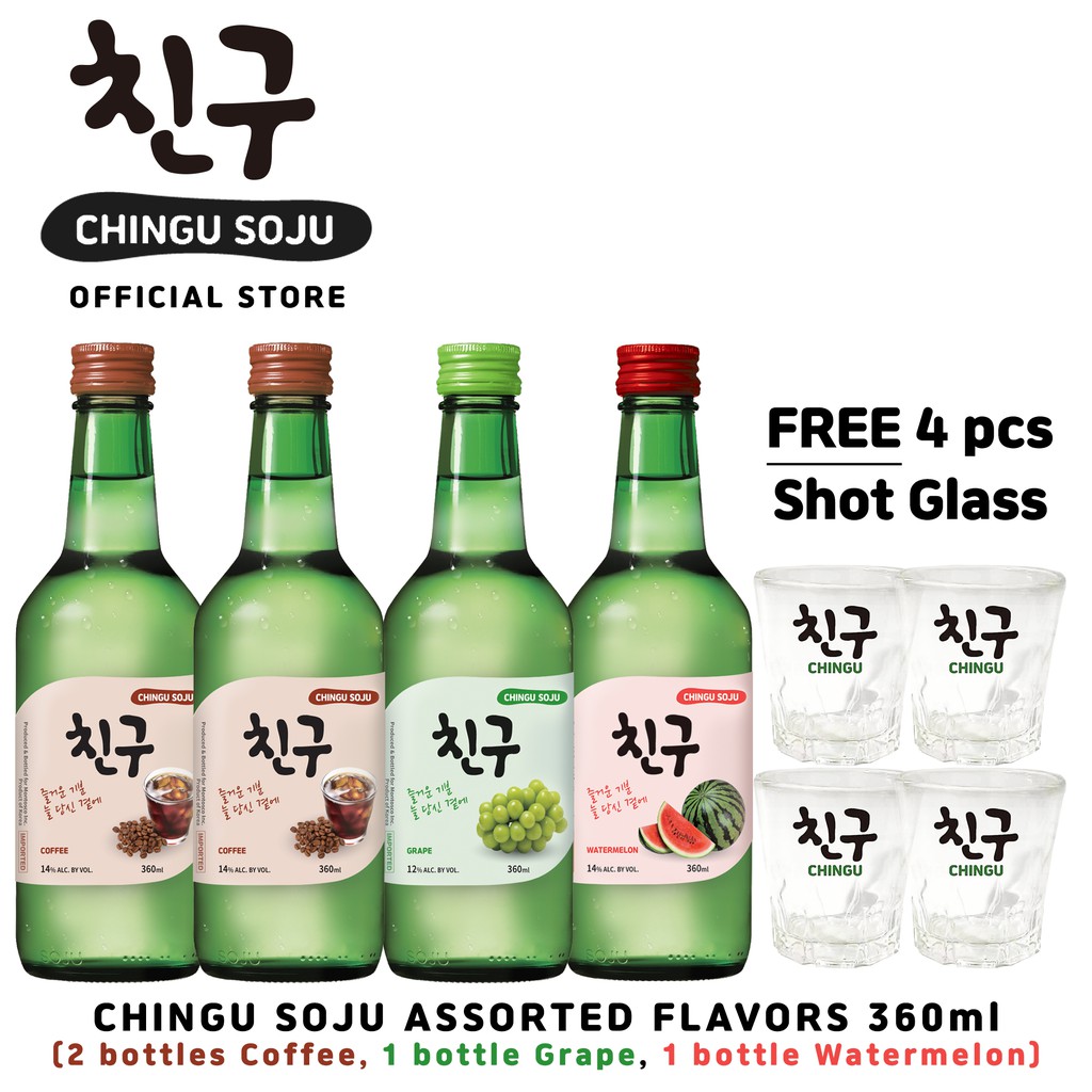 Chingu Soju Assorted Flavors 360ml 4 Bottles With 4 Soju Glasses (2