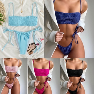 [XY.Coming] Ladies Swimsuit Solid Color Sexy Cable Split Bikini Suit Unique Pleated #3