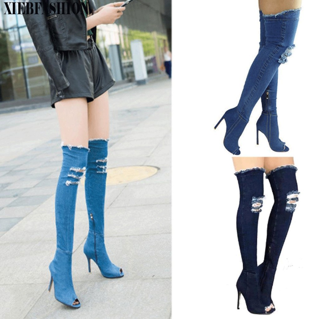 ✟✺XIEBFASHION Women Denim Blue Thigh High Over The Knee Boots Summer Thin  Heels Peep Toe Shoes | Shopee Philippines