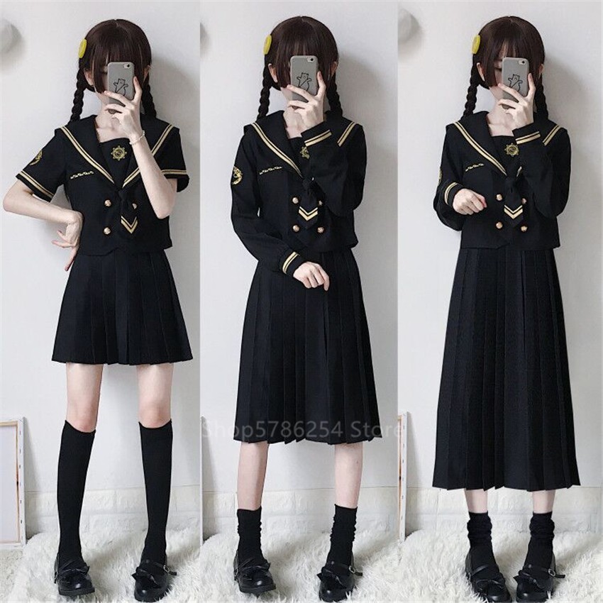 peligroso impuesto Empresario Japanese School Uniform Sailor Shirt Skirt Set Bad Girl Doll Black Gothic  Solid Color Pleated JK Sui | Shopee Philippines