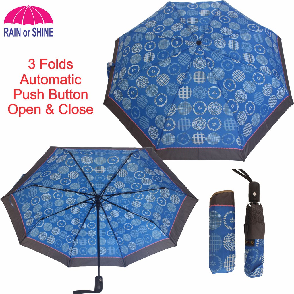RAIN or SHINE 3703RB Windproof Umbrella, Automatic Push Button Open & Close, ThreeFolds 38in