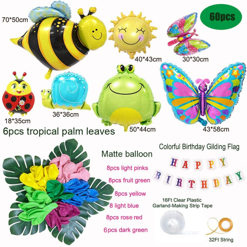【Aperil】63pcs Happy Birthday Balloon Set Party Decoration Latex Balloon Home Decor Foil Balloon Field Insect Theme Butterfly Frog Ladybug Bee Snail Sun Balloon