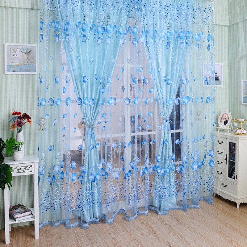 Flower Print Voile Curtain Tulip Window Door Sheer Curtains