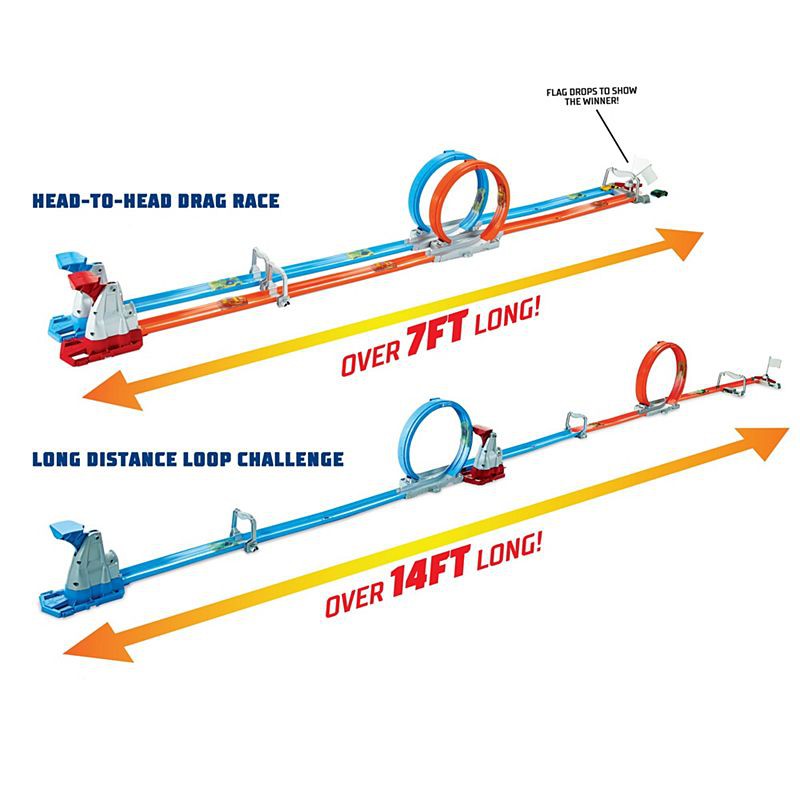 hot wheels double loop dash drag racing playset with 2 vehicles