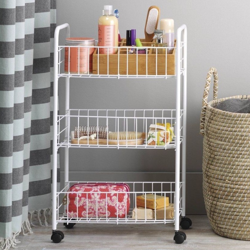Multifunction Cart with 3 Adjustable Wire Baskets and Lockable Wheels Easy to Assemble Office HOOBRO Rolling Cart Kitchen White WT03TC01 3-Tier Storage Cart with Wheels and Mesh Wire for Home 