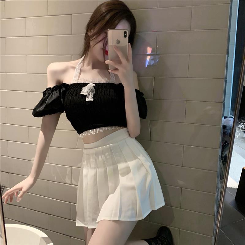 2020 Summer New Style Korean Version One-Shoulder Sexy Slimmer Look Navel-Exposed Lace Trim Contrast Color Puff Sleeve Shirt Top Women European American F Tight High Waist Retro Thin Sling Pure Desire Short Sleeves