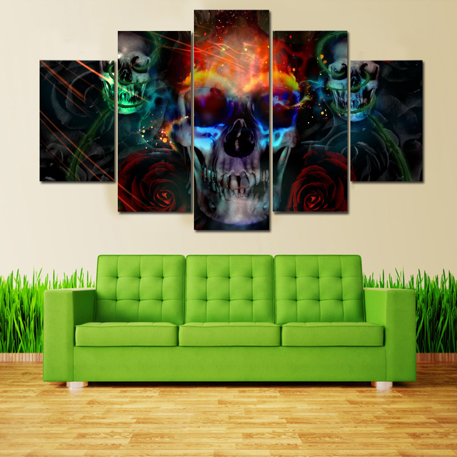 (Big Clearance Sale) 5 Panels Wall Art Ghost Skull Canvas Painting Posters and Prints Mural ...