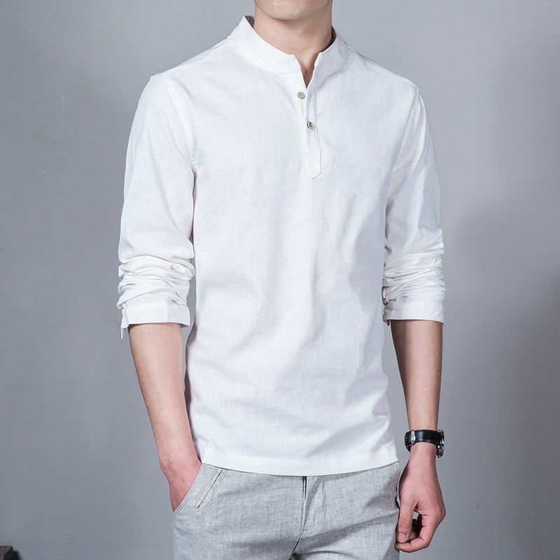 Wholesale men's linen t shirt long sleeve Shirt Mandarin Collar Vintage ...